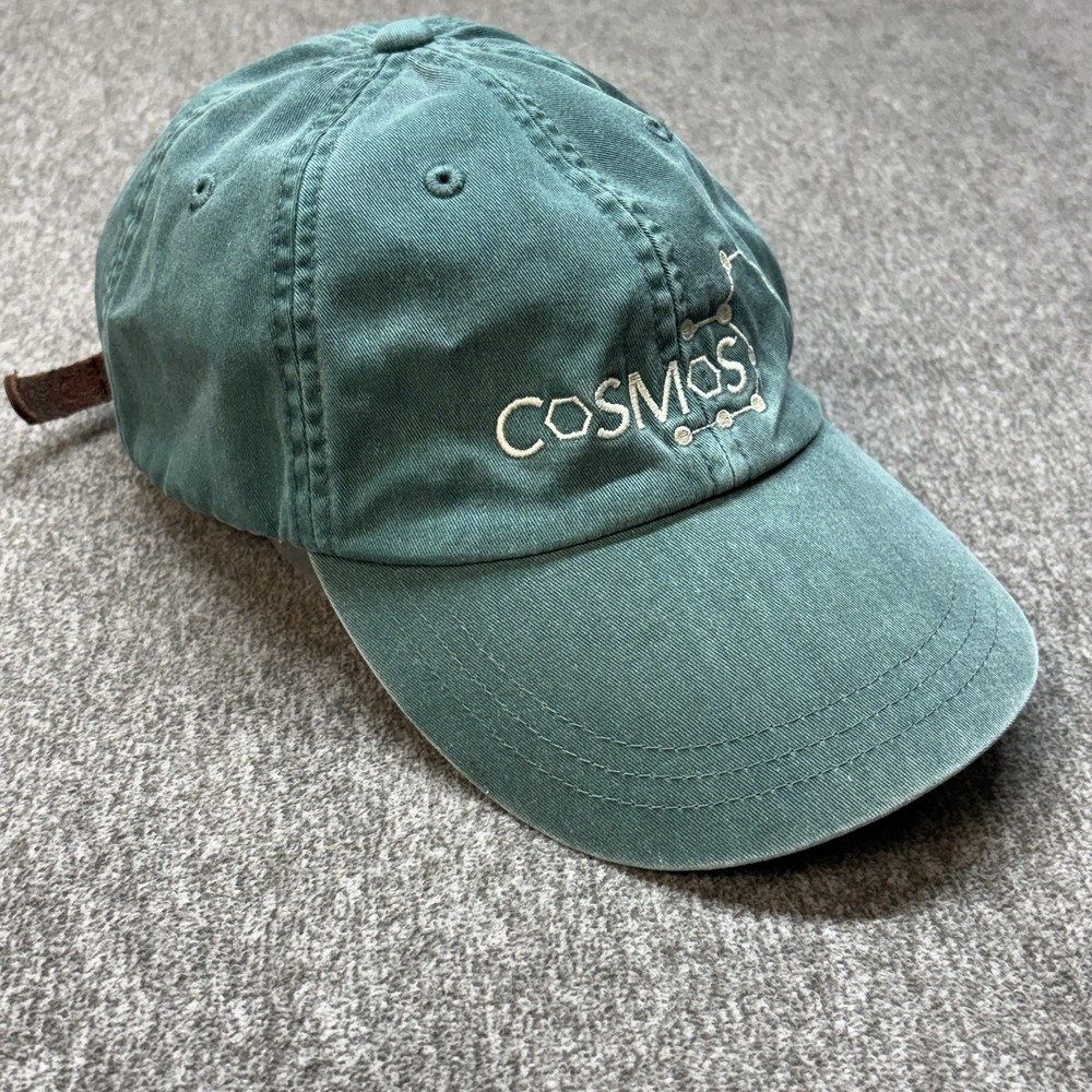 Vintage Cosmos Hat Cap Mens Strapback Green Leather Strap Logo Dad Adams